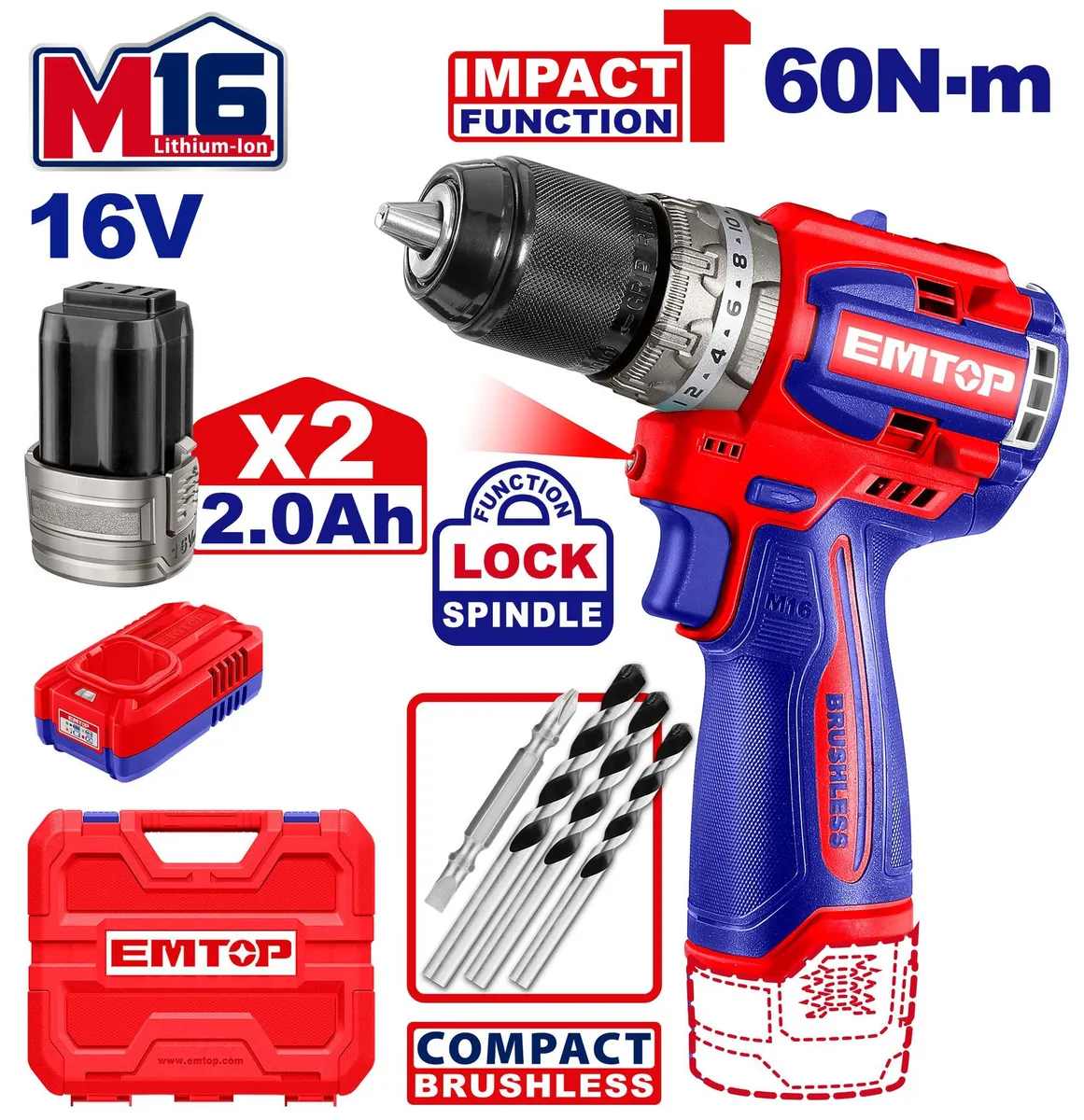 สว่านแบต 60N-m 16V กระแทก EMTOP ECIDL16682