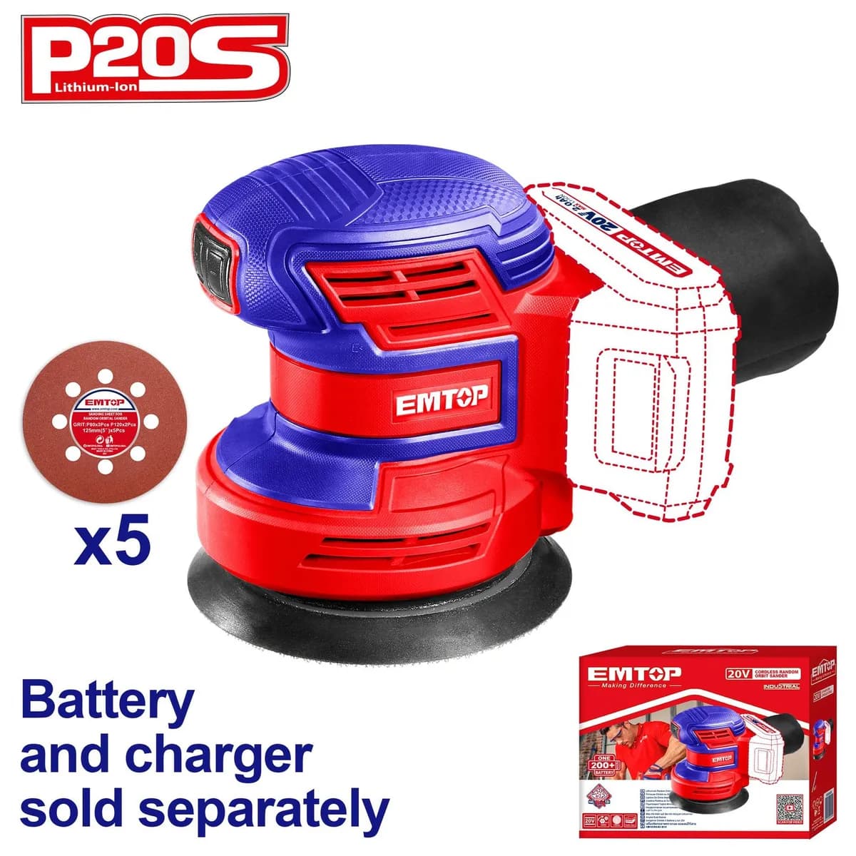 เครื่องขัดสั่นแบต กลม 20v EMTOP ELPS201250